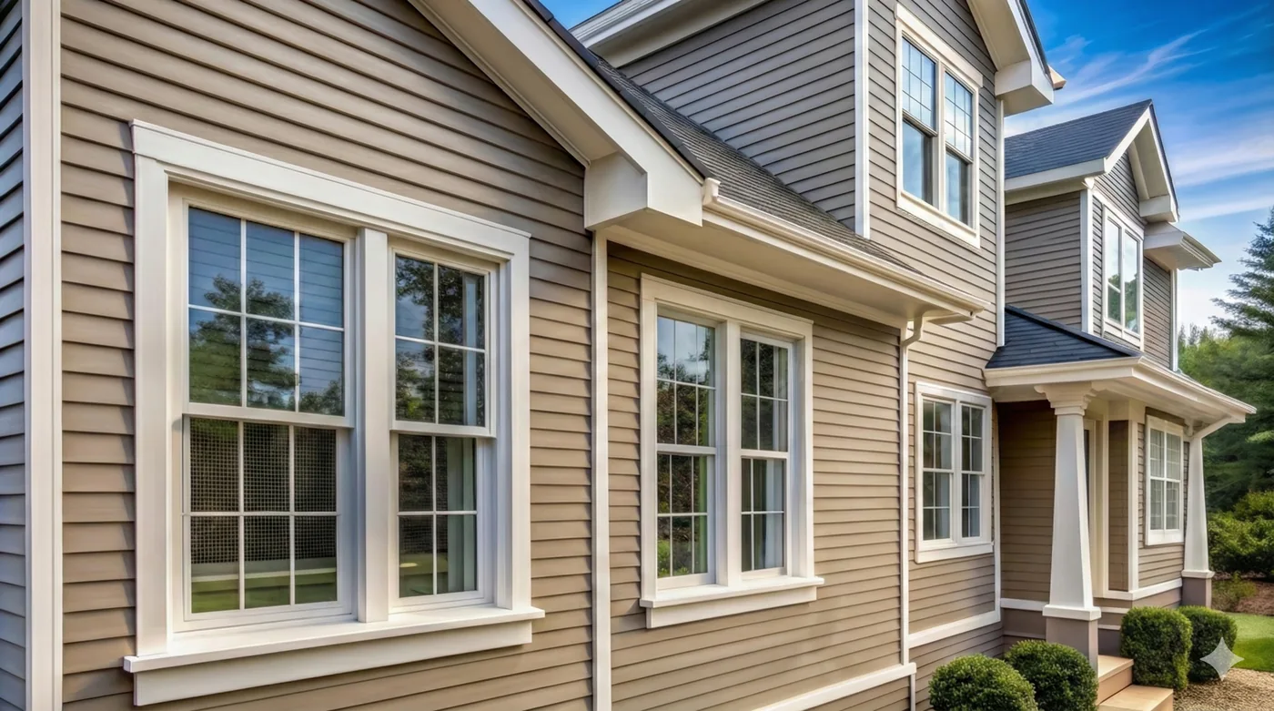 White-framed windows along a home with tan horizontal siding